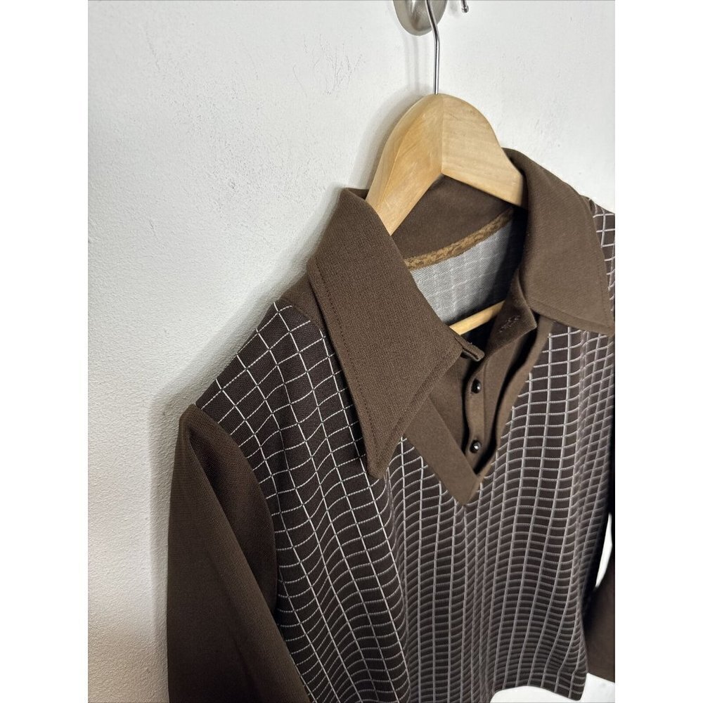 Vintage 60s 70s Hand Tailored Shirt‎ Woman L Polyester Disco Mod Brown - Picture 2 of 8